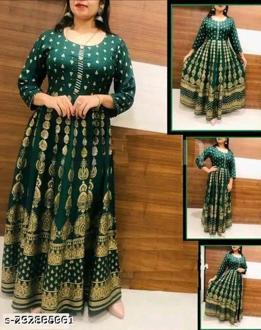 Printed Kurti for Women (Bottle Green & Gold, M)